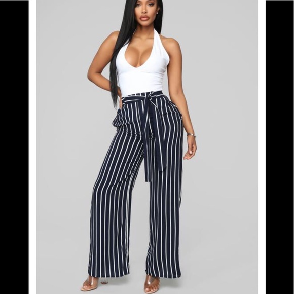 striped tie front pants